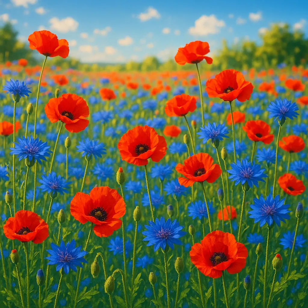Discover a puzzle with a sunlit wildflower meadow full of vivid red poppies and bright blue cornflowers swaying under a soft summer sky.