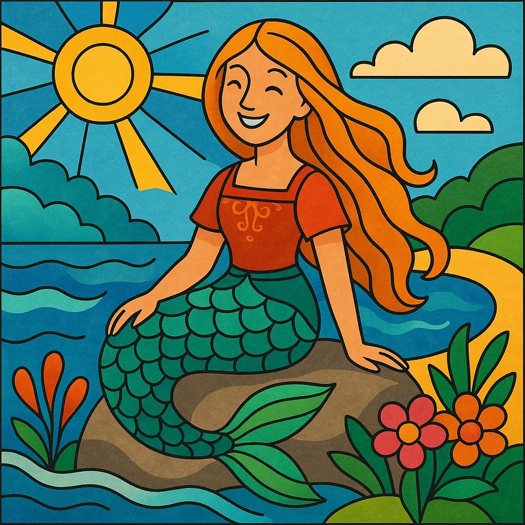 Discover a puzzle with a cheerful mermaid basking on a sunlit rock by the sea, rendered in bold, friendly colors—teal and turquoise waves, warm orange hair and