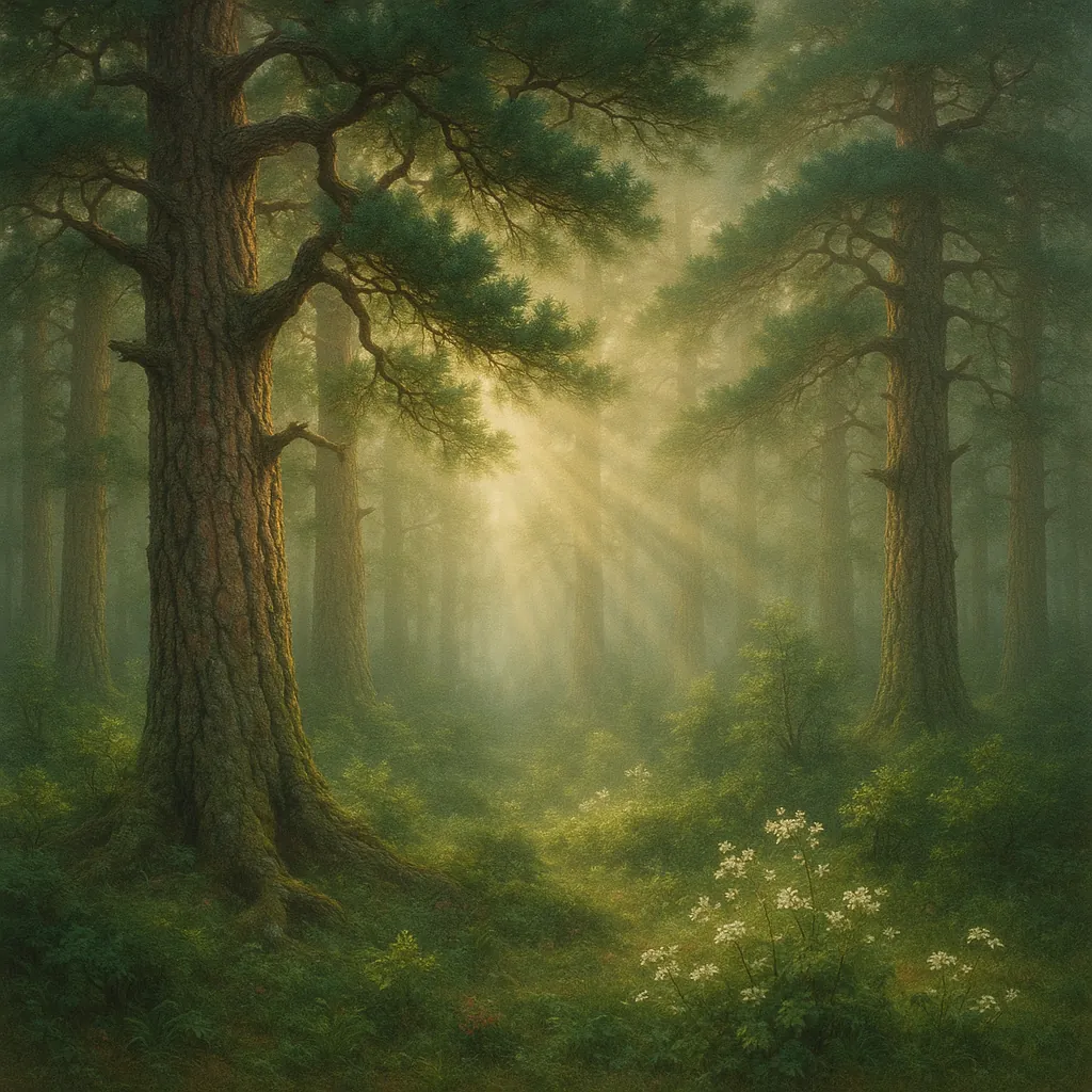 Discover a puzzle with a sunlit pine forest bathed in soft, golden rays filtering through misty green foliage.