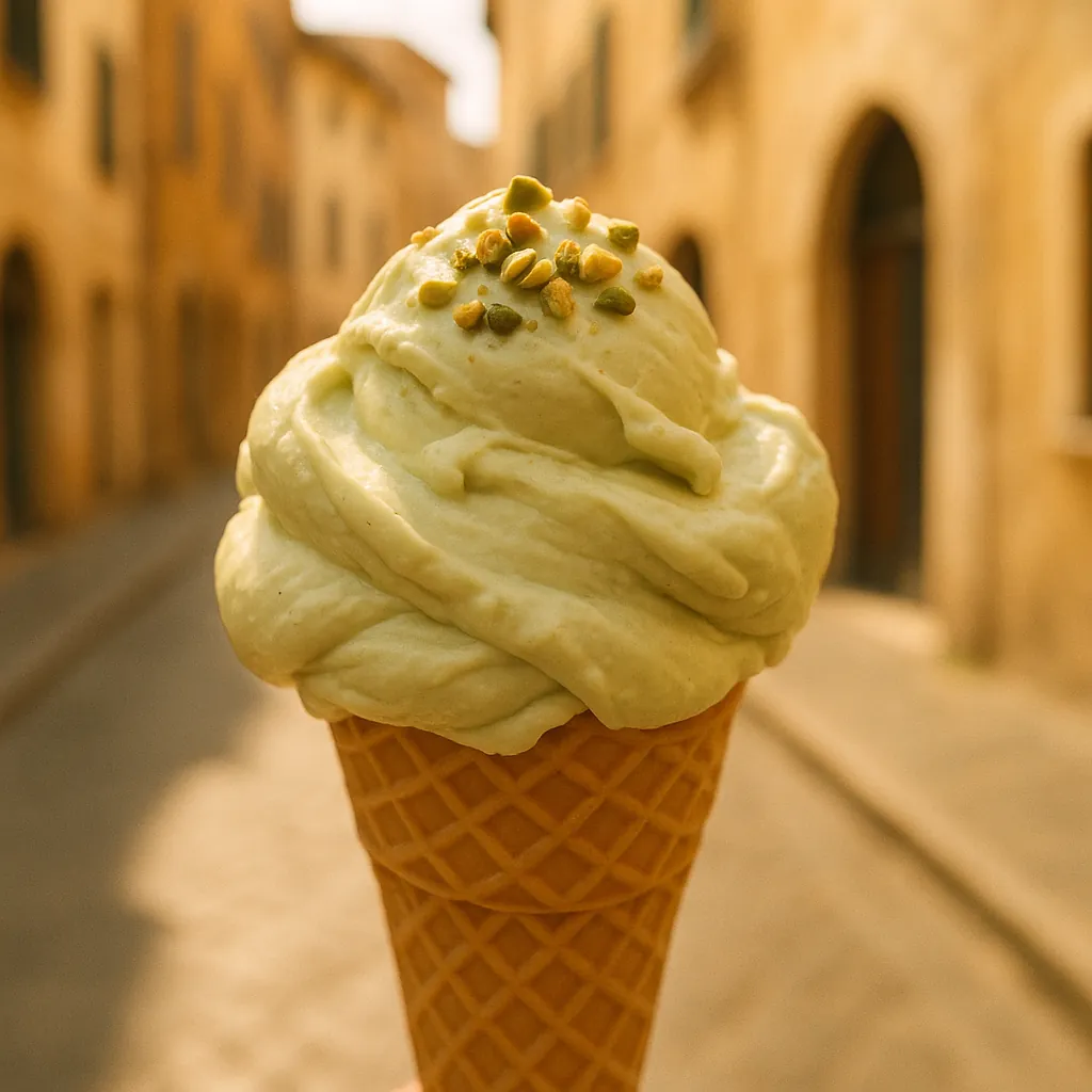 Discover a puzzle with a creamy pistachio ice cream in a crisp waffle cone held up against a sunlit, narrow European street — soft green swirls topped with chop