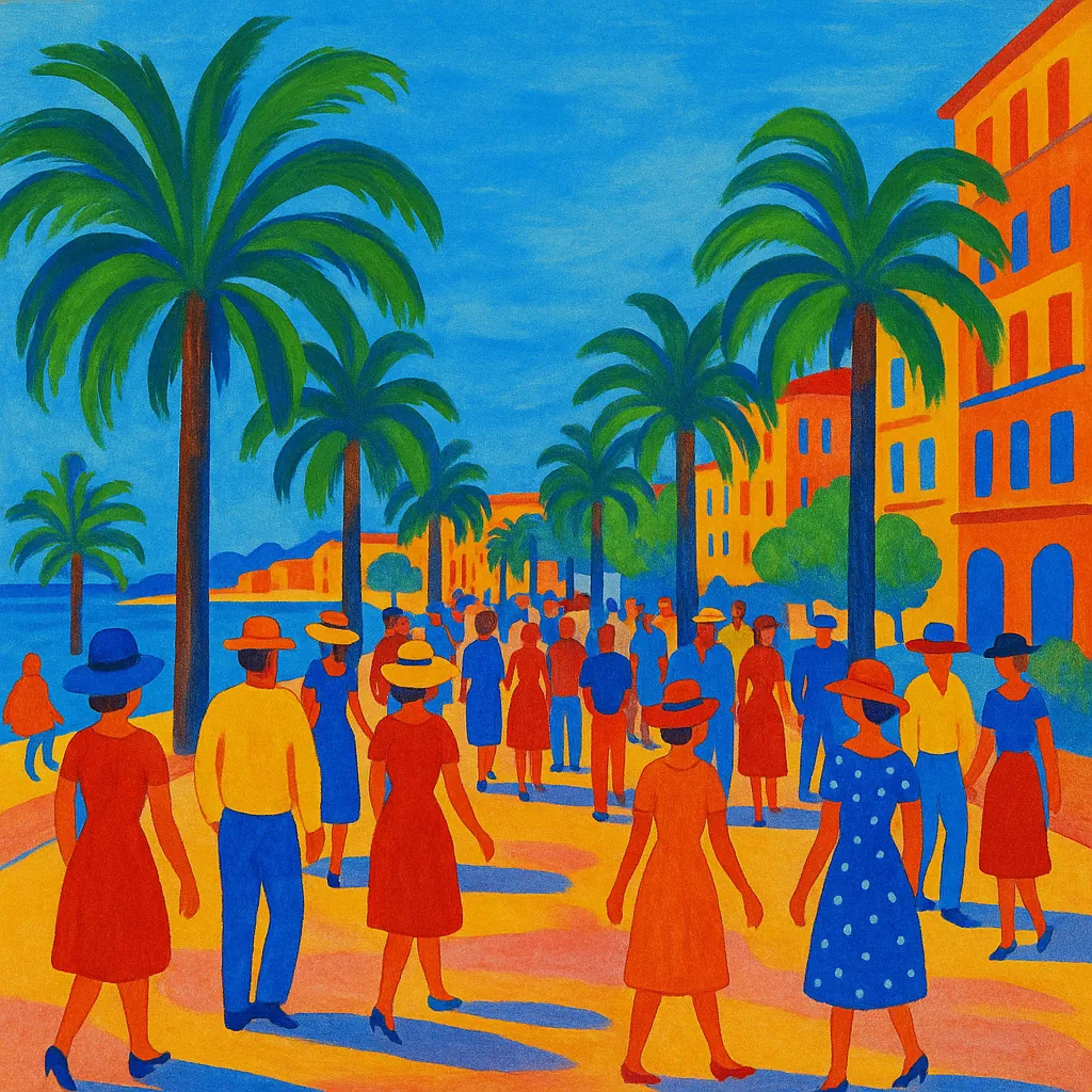 Enjoy assembling a puzzle depicting a vibrant seaside promenade lined with tall green palm trees and warm ochre buildings under a brilliant blue sky.