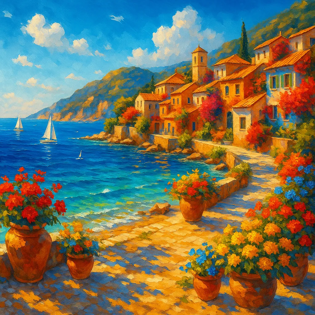 Discover a puzzle with a sunlit Mediterranean seaside village, where terracotta-roofed houses cascade down a coastal slope beside deep blue waters and sailboats