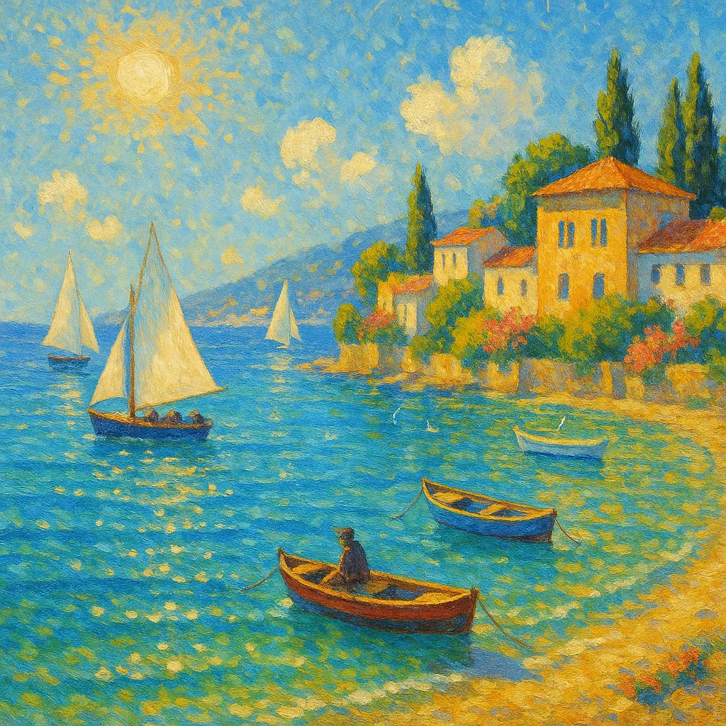 Discover a puzzle with a sunlit Mediterranean seaside scene rendered in warm, impressionistic brushstrokes.