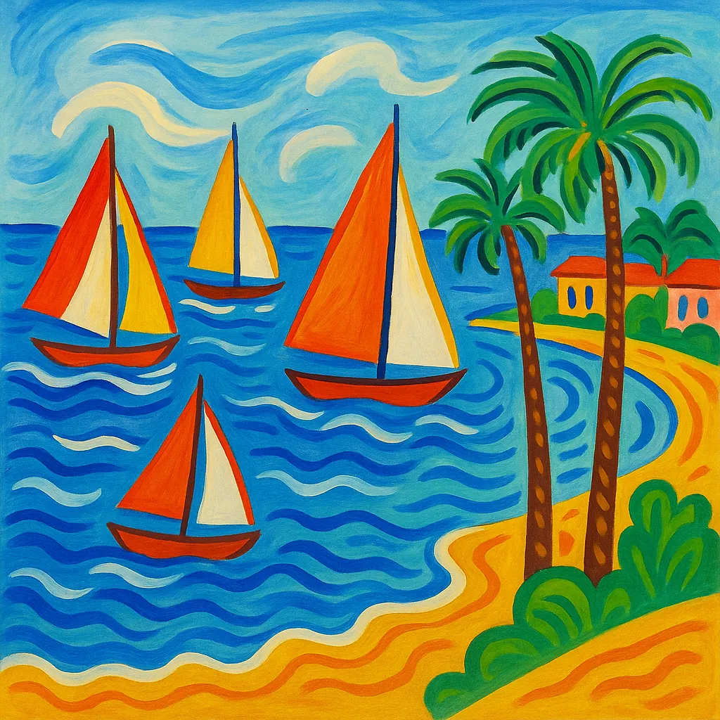 Discover a puzzle with a cheerful seaside scene perfect for PuzzleFree.Game: bright orange and yellow sailboats glide across rhythmic, wavy cobalt and turquoise