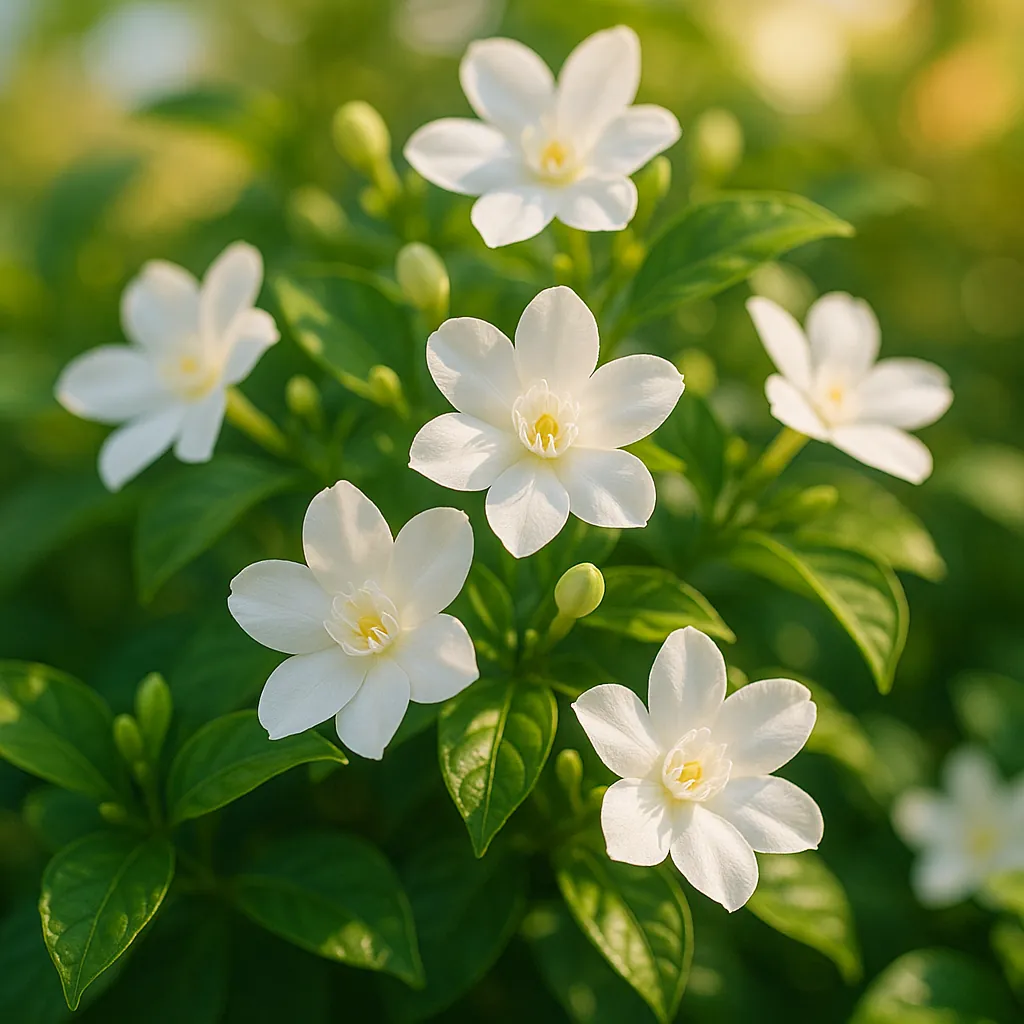Discover a puzzle with delicate white garden flowers set against lush green leaves and soft golden sunlight.
