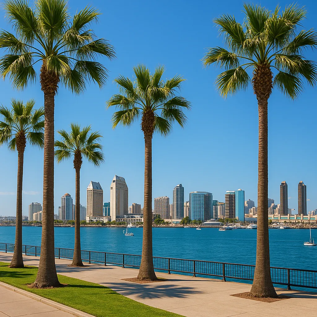 Discover a puzzle with a sunny coastal skyline framed by tall palm trees against a clear blue sky.