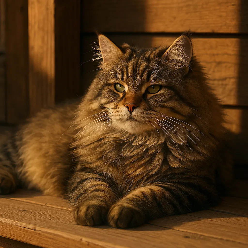 Discover a puzzle with a regal long-haired tabby cat bathed in warm golden light, its soft brown and amber fur glowing against a rustic wooden backdrop.