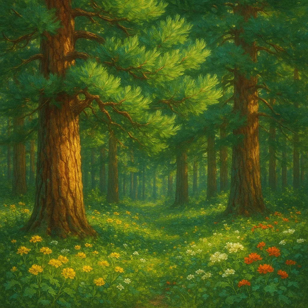 Discover a puzzle with a sun-dappled pine forest carpeted in green moss and bright wildflowers, perfect for solving on PuzzleFree.Game.