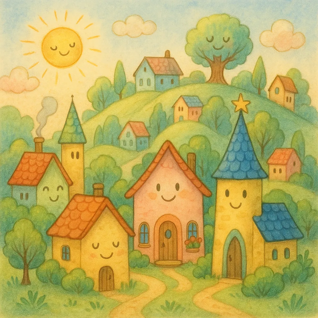 Enjoy assembling a puzzle depicting a charming pastel village with smiling houses, a sleepy sun, and a friendly tree tucked into rolling green hills.