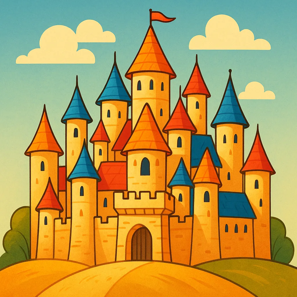Enjoy assembling a puzzle depicting a cheerful fairytale castle with warm golden walls and a mix of bright red and blue cone roofs against a soft teal sky dotte