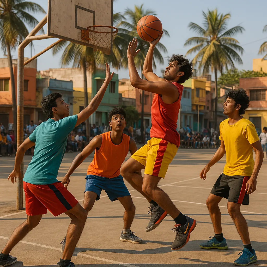 Enjoy an online jigsaw puzzle designed for browser play, featuring a lively outdoor basketball scene that blends sports and community life.