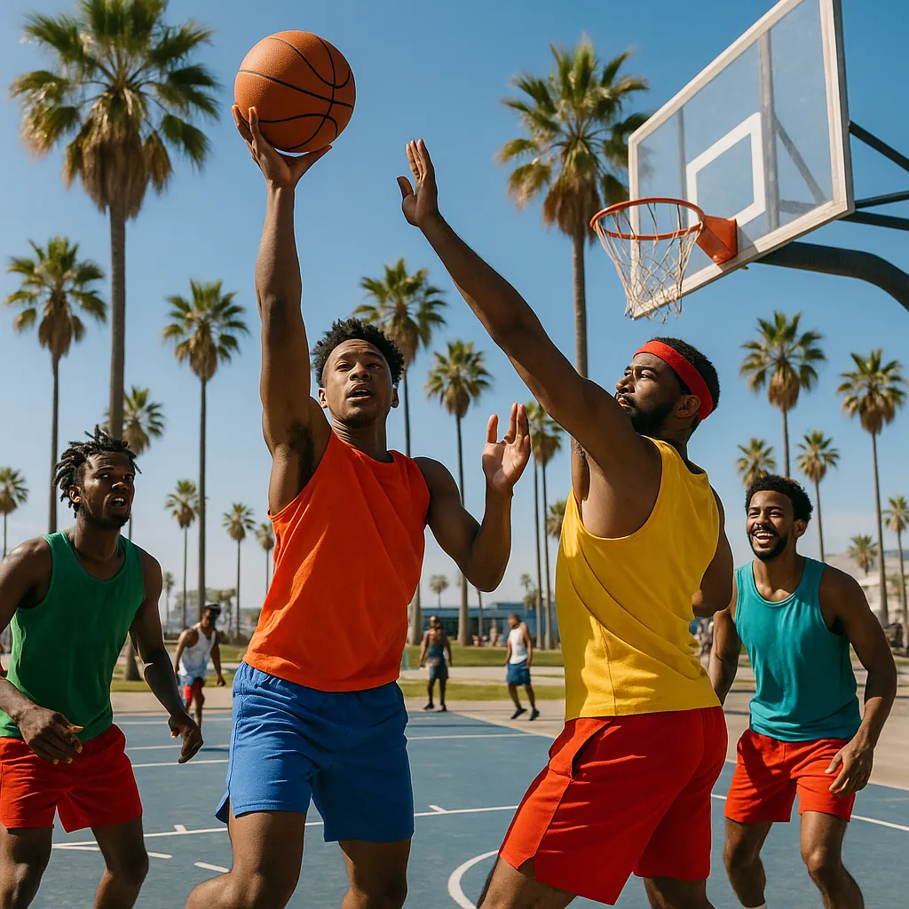 Enjoy an online jigsaw puzzle designed for browser play, featuring a lively outdoor basketball scene full of athletic action and sunny coastal vibes.