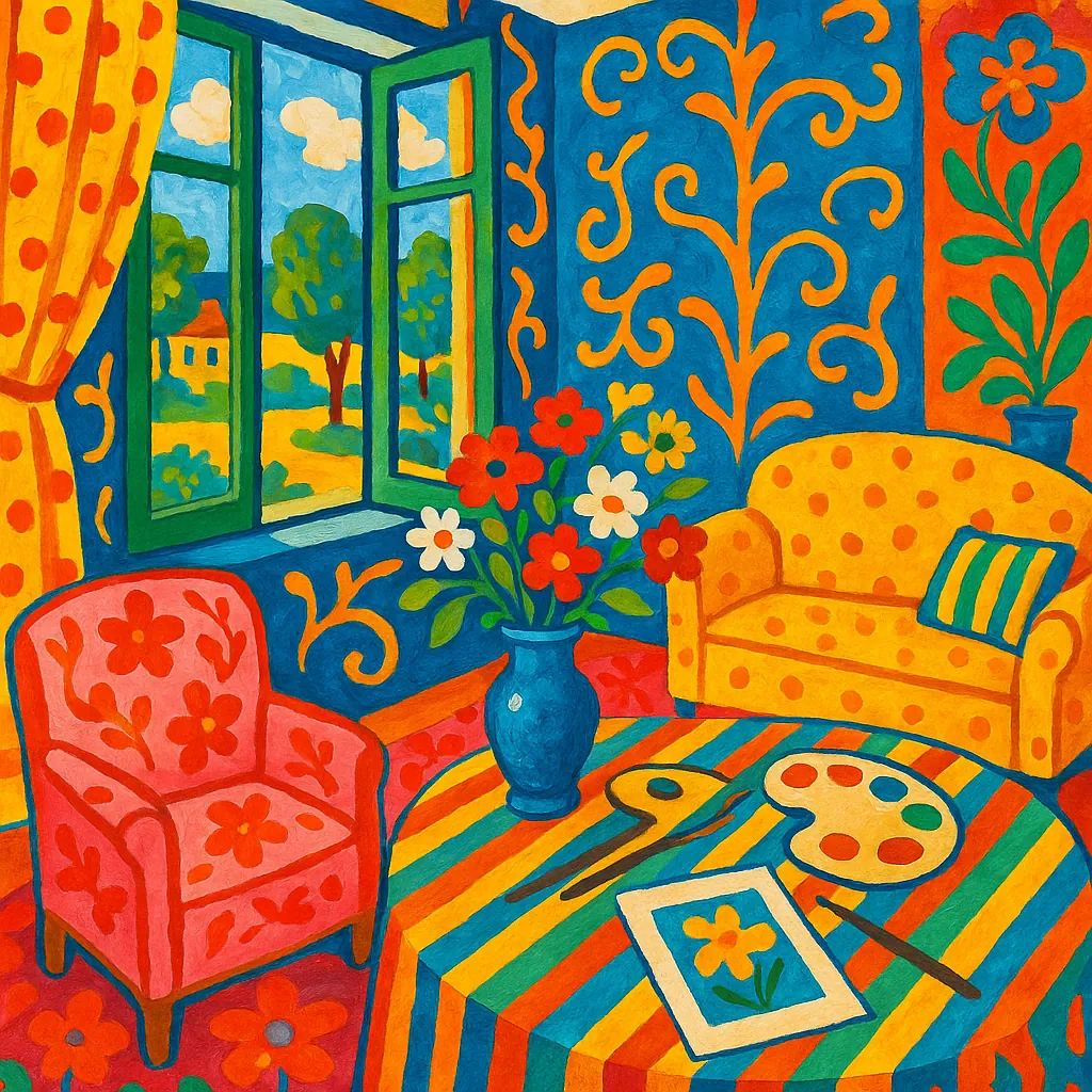 Discover a puzzle with a bright, cozy art-studio interior full of bold colors and playful patterns.