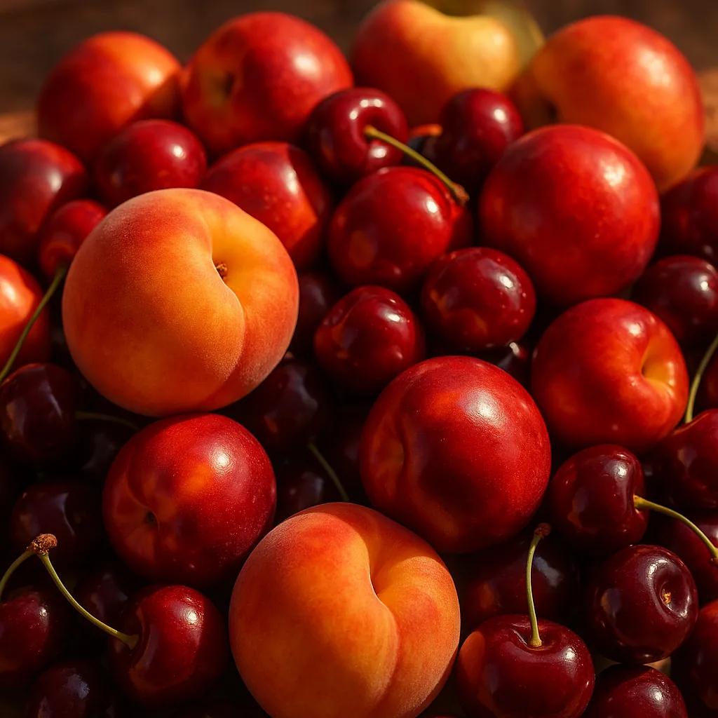 Enjoy an online jigsaw puzzle designed for browser play, featuring a close-up still life of fresh summer fruit — ripe cherries, nectarines, and apricots.