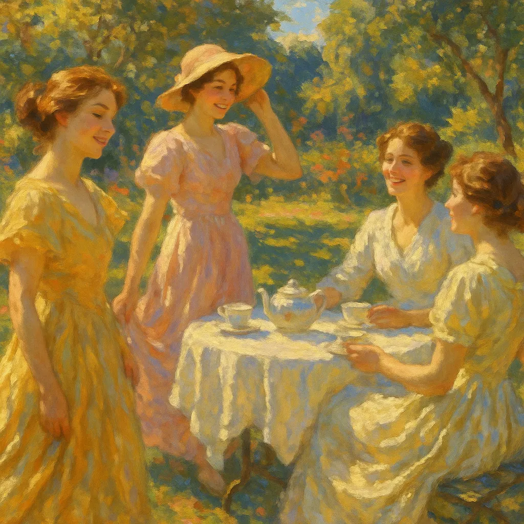 Enjoy assembling a puzzle depicting a sunlit garden tea scene with four women in flowing pastel dresses gathered around a white-clothed table.