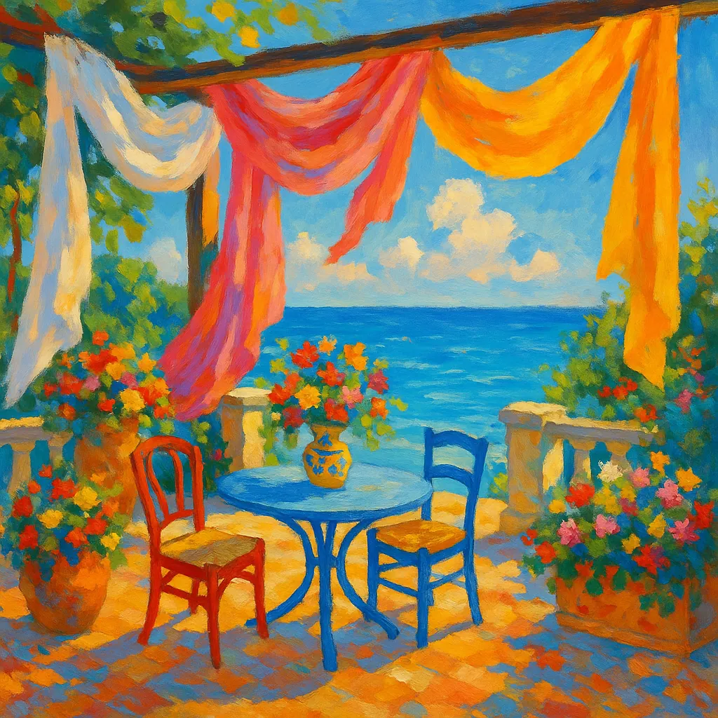 Enjoy assembling a puzzle depicting a sunlit seaside terrace with a round blue table, two colorful chairs, and flowing fabric banners overhead.