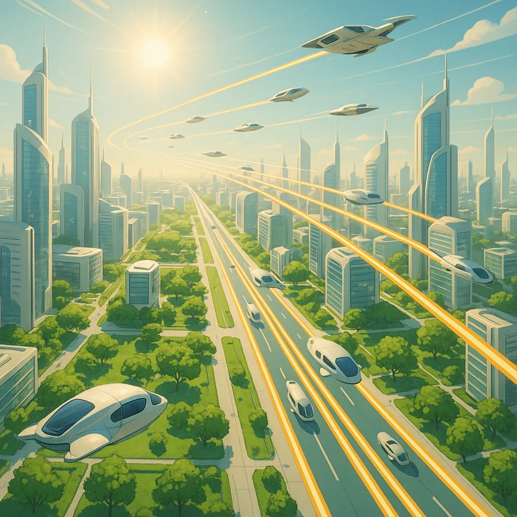 Enjoy an online jigsaw puzzle designed for browser play, featuring a bright futuristic cityscape where sleek flying cars glide above tree-lined avenues.