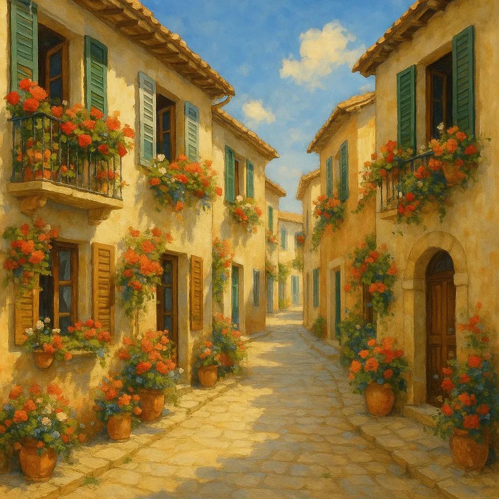 Discover a puzzle with a sunlit Mediterranean lane lined by warm ochre buildings, green shutters, and overflowing pots and window boxes of red, pink, and blue b