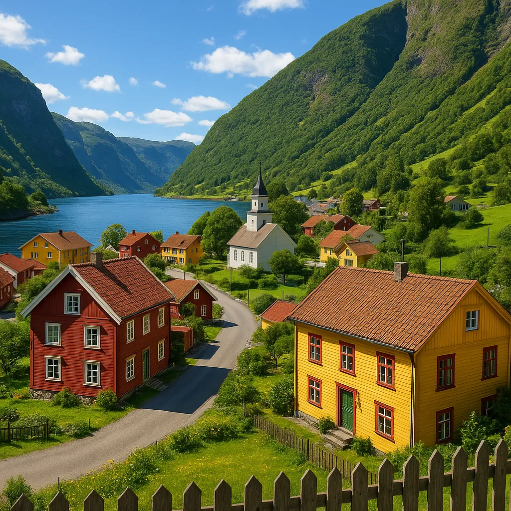 Discover a puzzle with a charming fjord village of colorful wooden houses nestled between lush green hills and a calm, blue mountain lake.