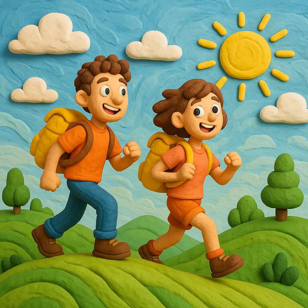 Enjoy assembling a puzzle depicting two cheerful hikers made in a playful clay-art style, strolling across rolling green hills under a bright yellow sun and puf