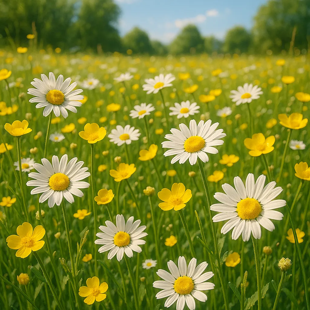 Discover a puzzle with a sunlit daisy meadow dotted with cheerful yellow buttercups, soft green grasses, and a pale blue sky.