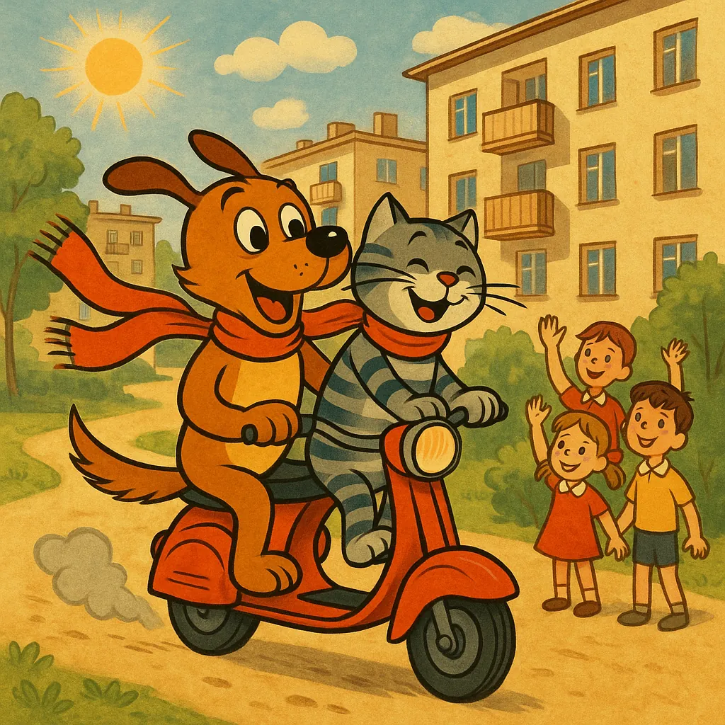Discover a puzzle with a cheerful vintage-style illustration of a smiling cat and dog riding a red scooter through a sunny neighborhood.