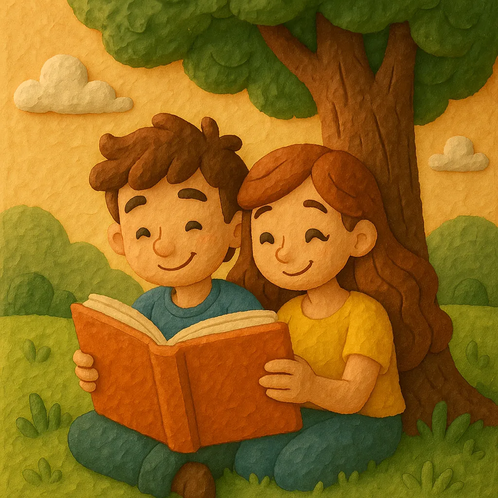 Discover a puzzle with two smiling kids sitting under a leafy tree, sharing a big orange book in a soft, storybook scene perfect for PuzzleFree.Game.