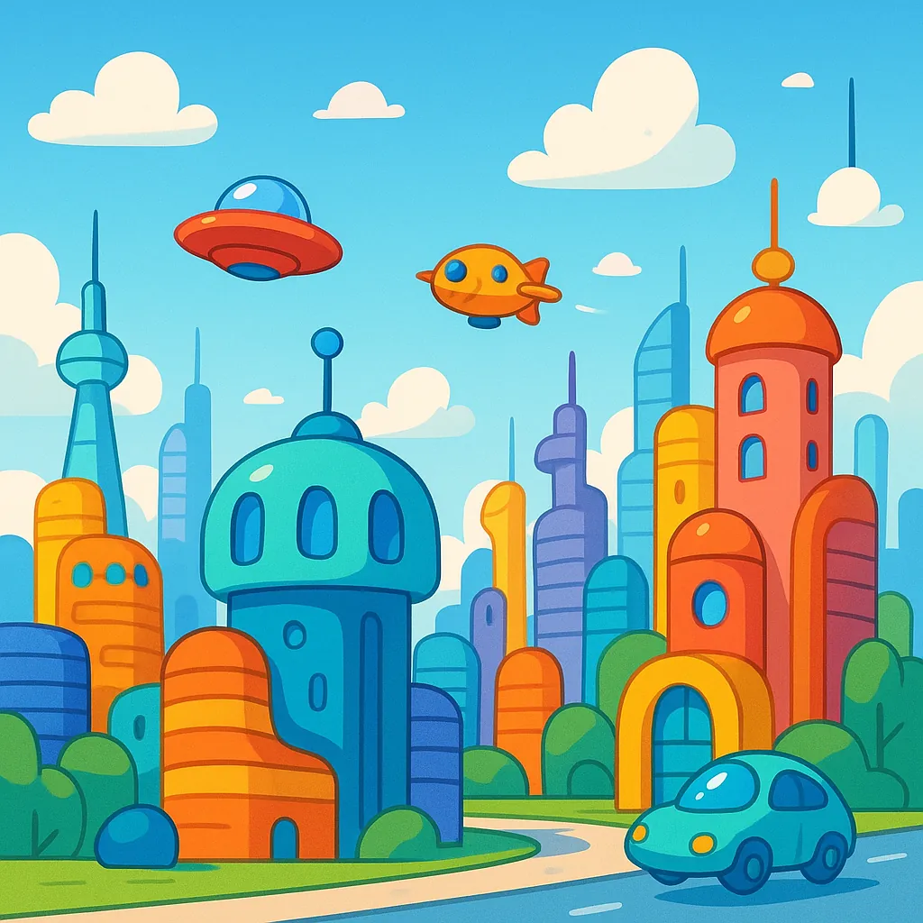 Enjoy an online jigsaw puzzle designed for browser play, featuring a bright, futuristic cityscape in a playful cartoon style.