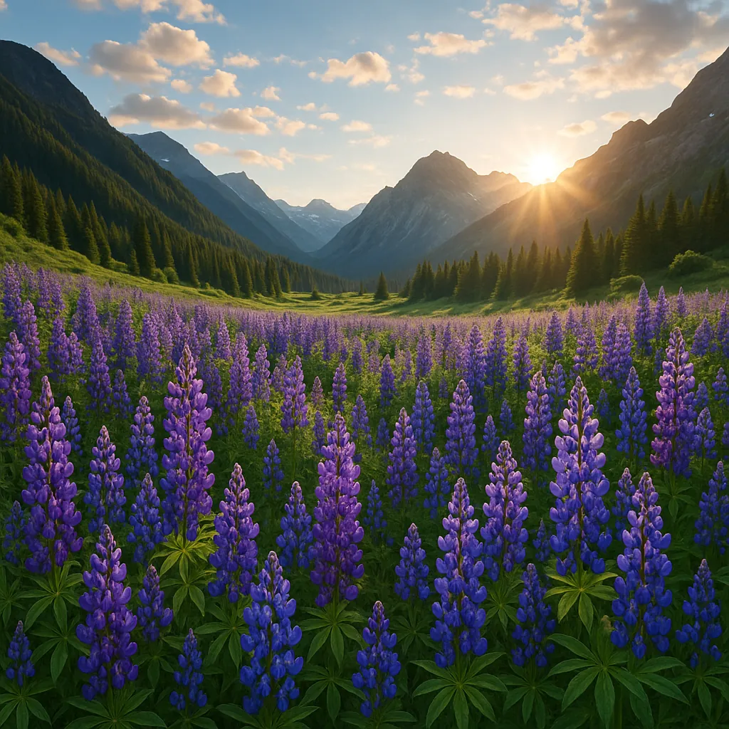 Discover a puzzle with a sunlit mountain valley carpeted in vibrant purple lupines and a lush green meadow leading to pine-lined slopes and blue-gray peaks unde