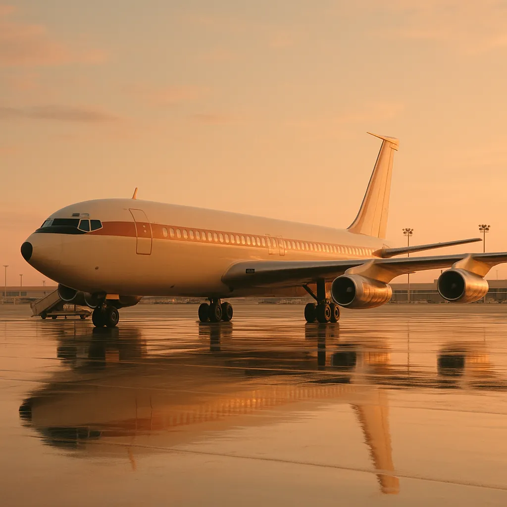 Discover a puzzle with a classic passenger jet resting on a rain‑slick tarmac as the sun casts a warm golden glow across the scene.
