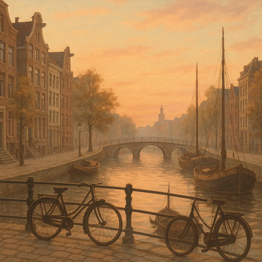 Discover a puzzle with a tranquil canal scene at dusk, showing two bicycles leaning on a railing in the foreground, moored wooden boats, and an arched stone bri