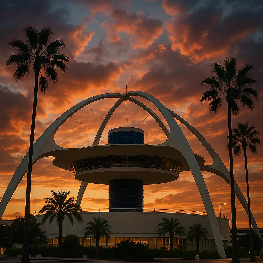 Discover a puzzle with a striking mid-century modern structure framed by graceful white arches and tall palm silhouettes against a fiery orange and deep blue su