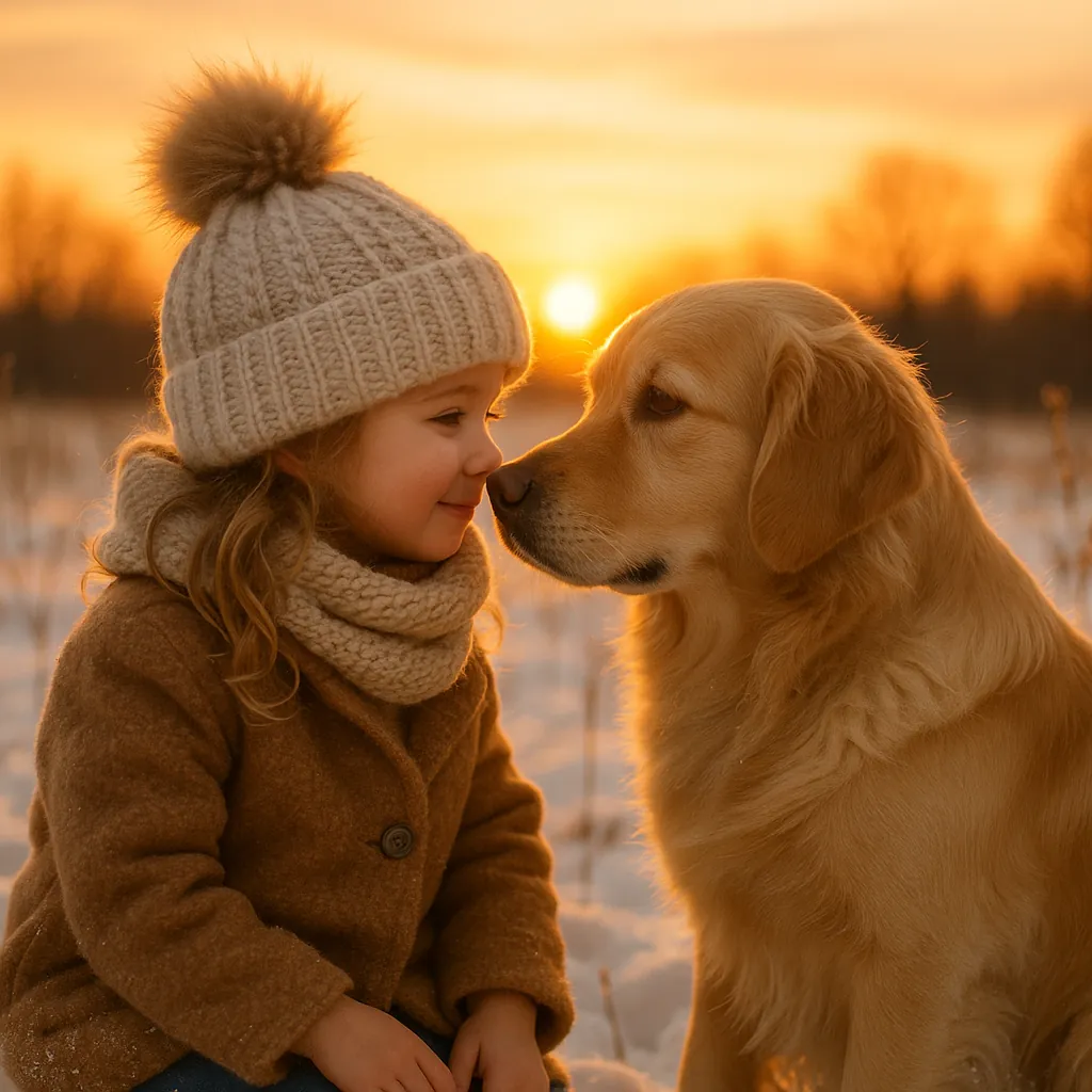 Enjoy an online jigsaw puzzle designed for browser play, featuring a heartwarming scene of a child and a dog in a snowy landscape — a cozy animals-and-winter th