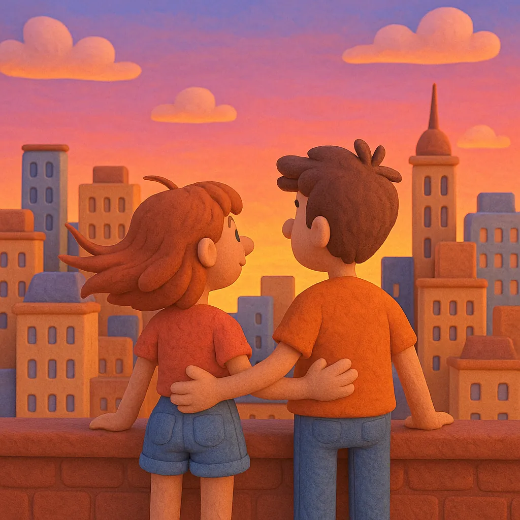 Enjoy assembling a puzzle depicting a sweet rooftop scene where a young couple gazes over a stylized city skyline at sunset.