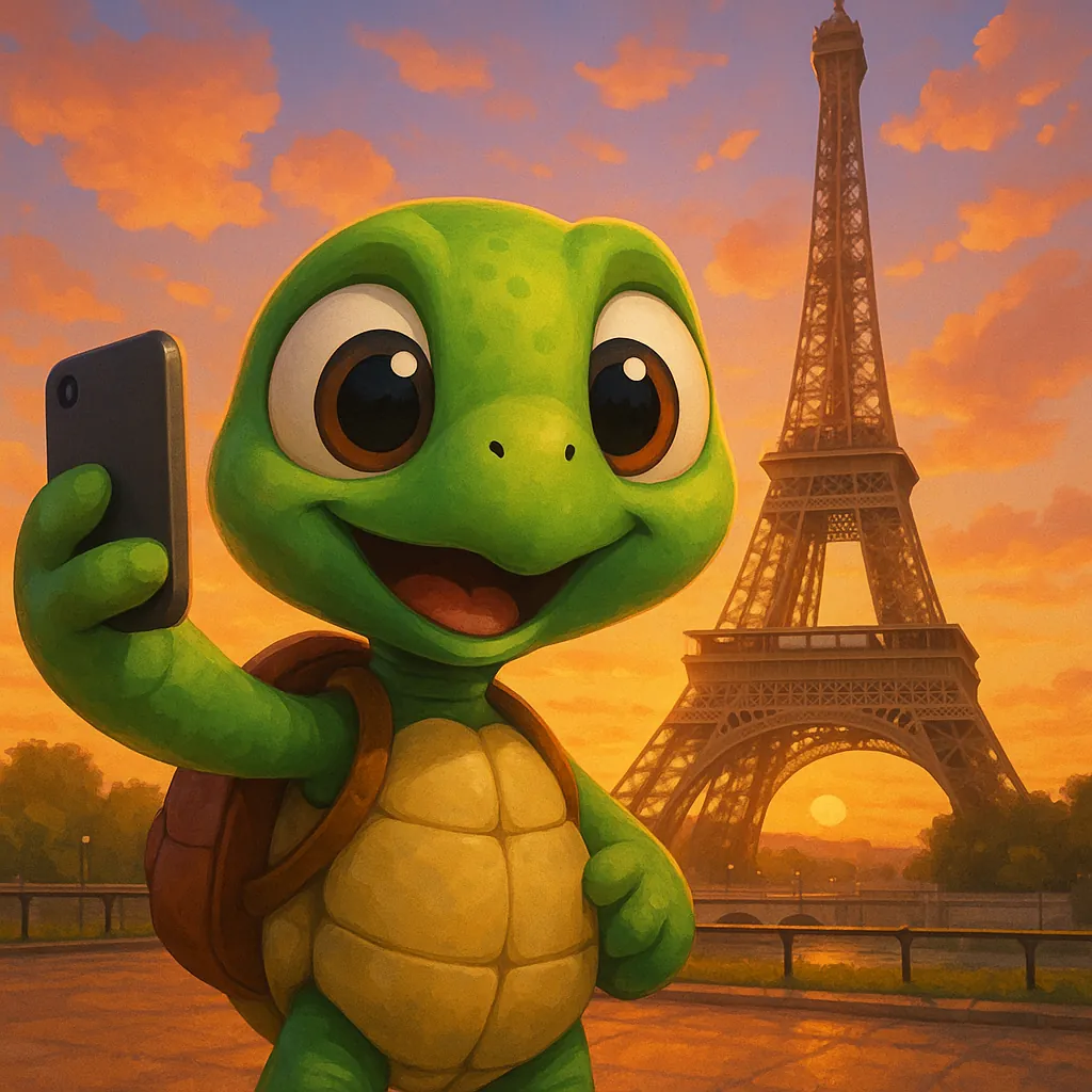 Discover a puzzle with a cheerful cartoon turtle taking a selfie in front of the Eiffel Tower at sunset.