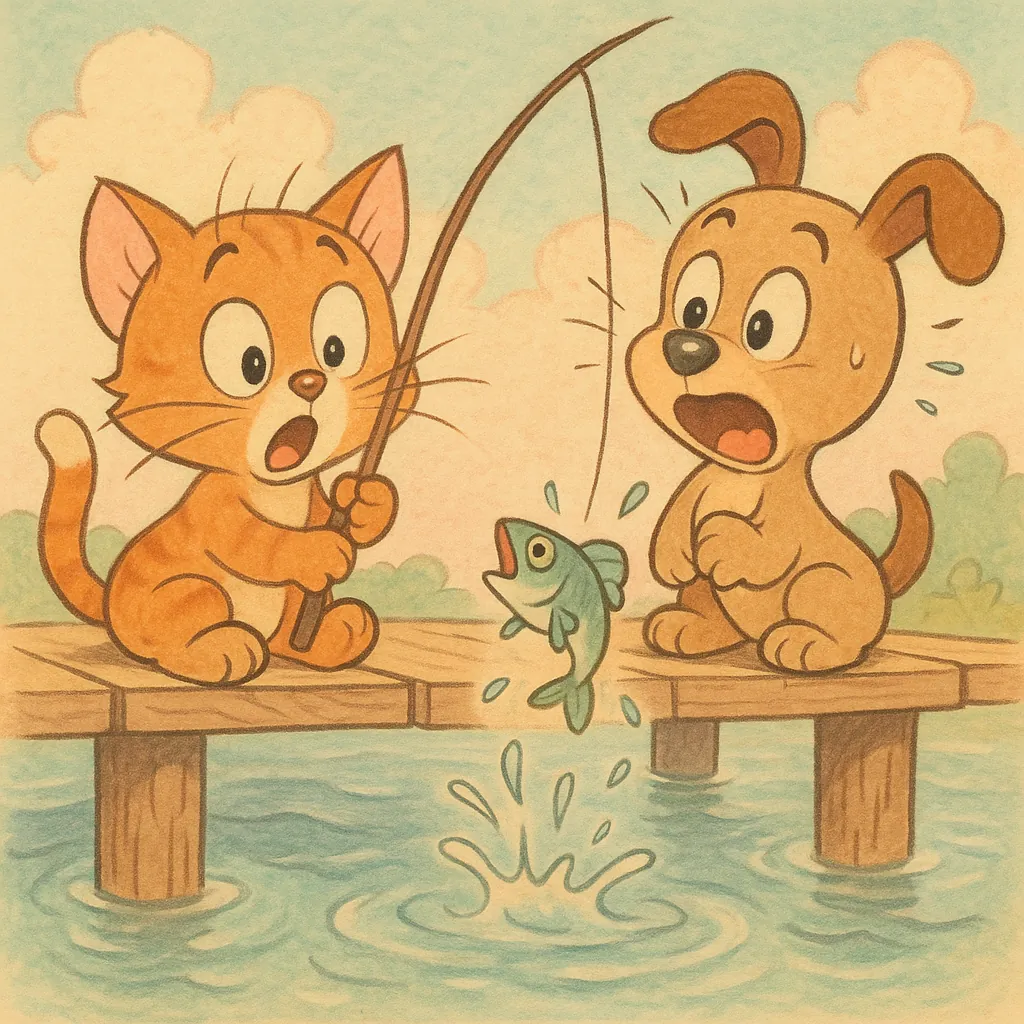 Discover a puzzle with a charming pastel illustration of a cute orange kitten and a friendly brown puppy on a wooden dock, startled as a lively blue-green fish