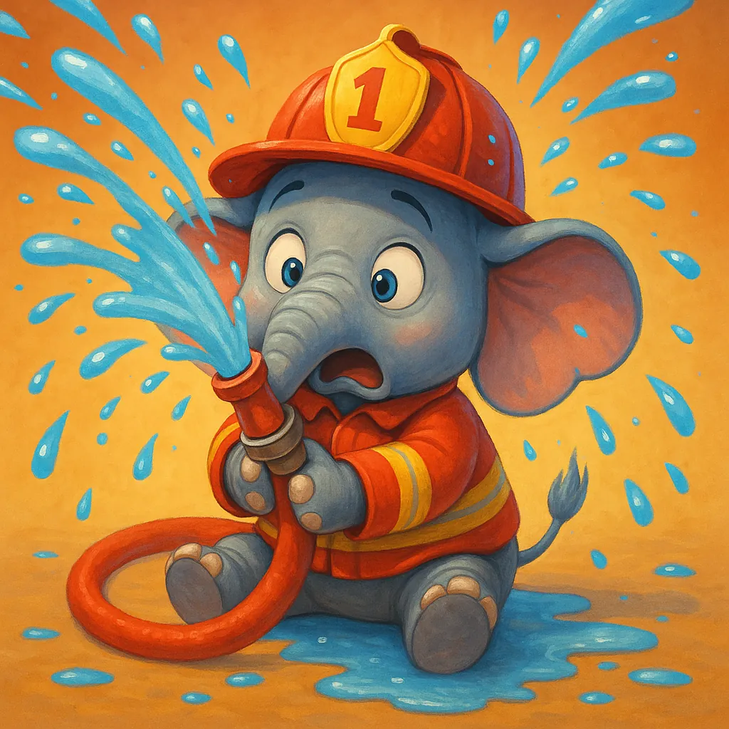 Enjoy assembling a puzzle depicting an adorable baby elephant dressed as a firefighter, complete with a bright red helmet marked “1” and a cozy red-and-yellow c