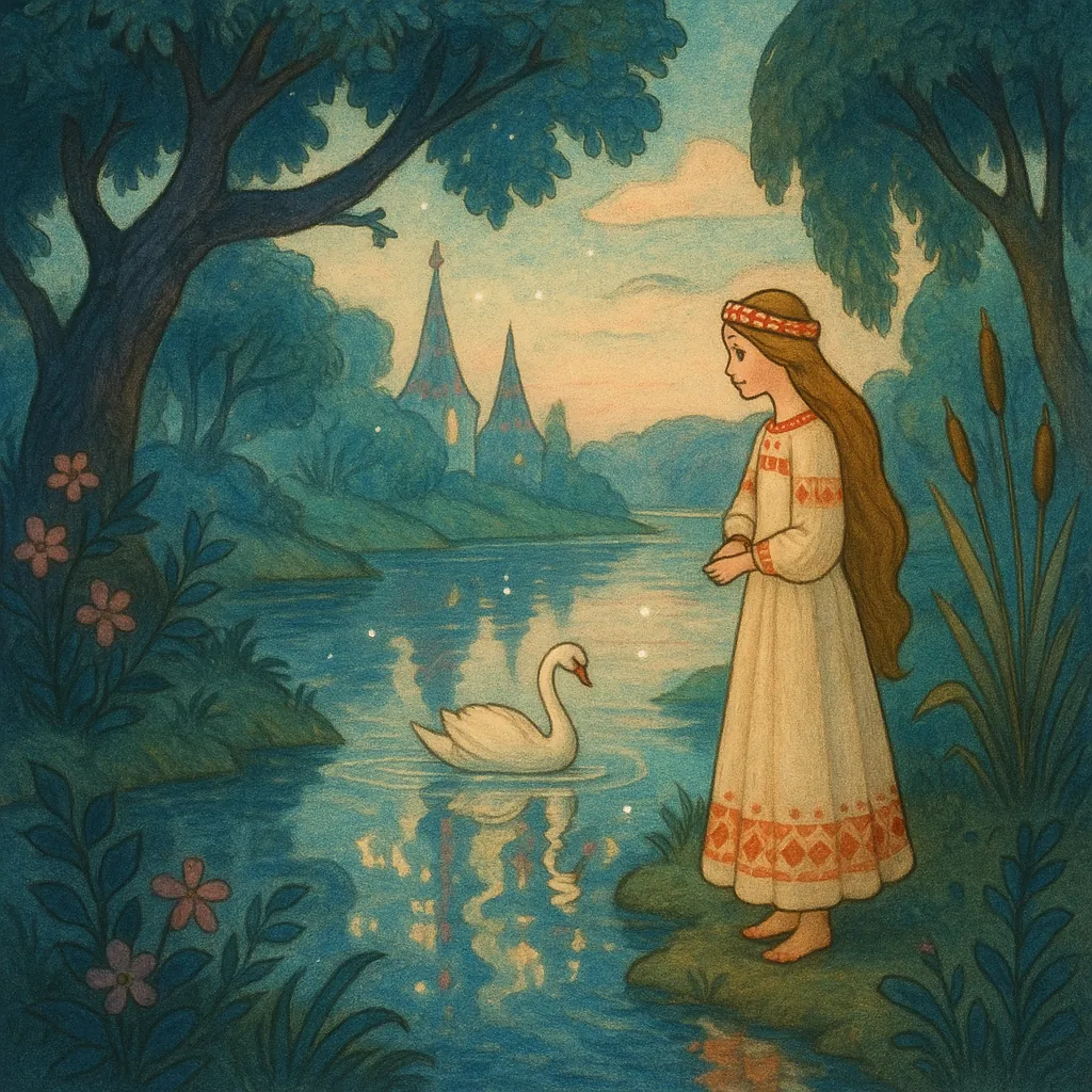 Discover a puzzle with a dreamy fairytale scene of a young maiden standing on a riverbank as a graceful swan glides by, framed by curling trees and distant cast