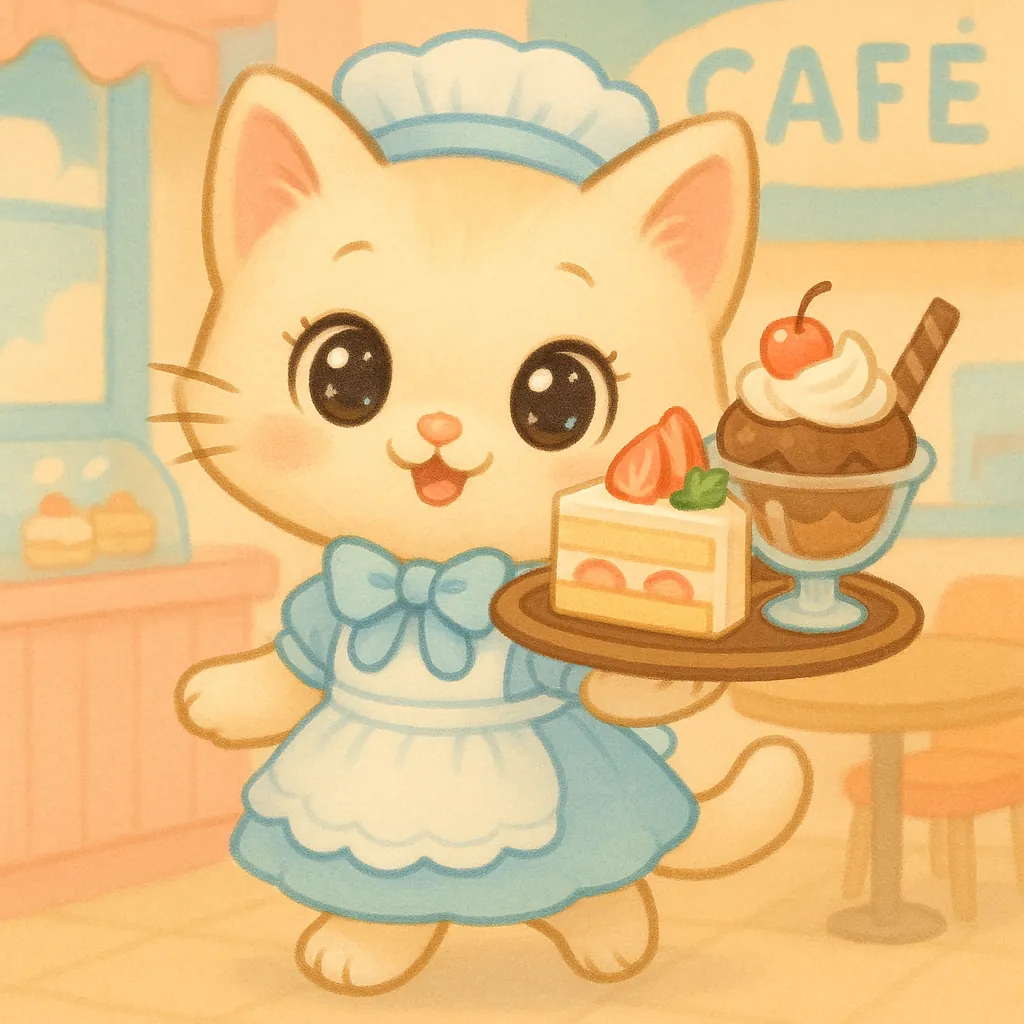 Discover a puzzle with an adorable cream-colored kitten waitress in a soft blue maid dress, carrying a tray with a slice of strawberry cake and a chocolate sund