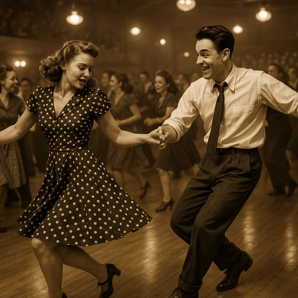 Discover a puzzle with a sepia-toned, vintage dance hall scene showing a joyful couple swing-dancing—she in a polka-dot dress and he in rolled trousers and a lo