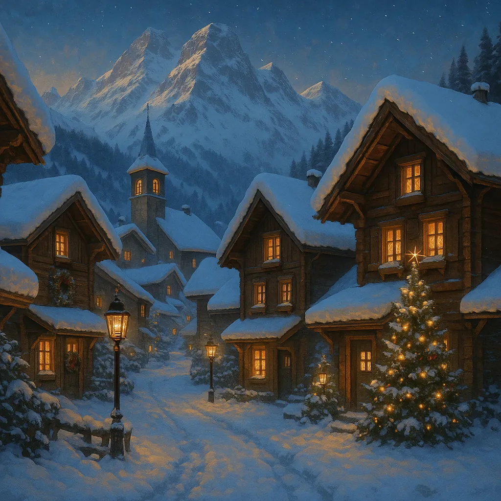 Discover a puzzle with a cozy, snow‑blanketed mountain village at twilight — warm golden light spills from cottage windows and lampposts against deep blue skies