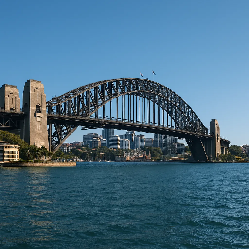Discover a puzzle with a sweeping steel-arch bridge spanning a calm blue harbor against a clear sky, framed by soft beige stone towers and a distant city skylin