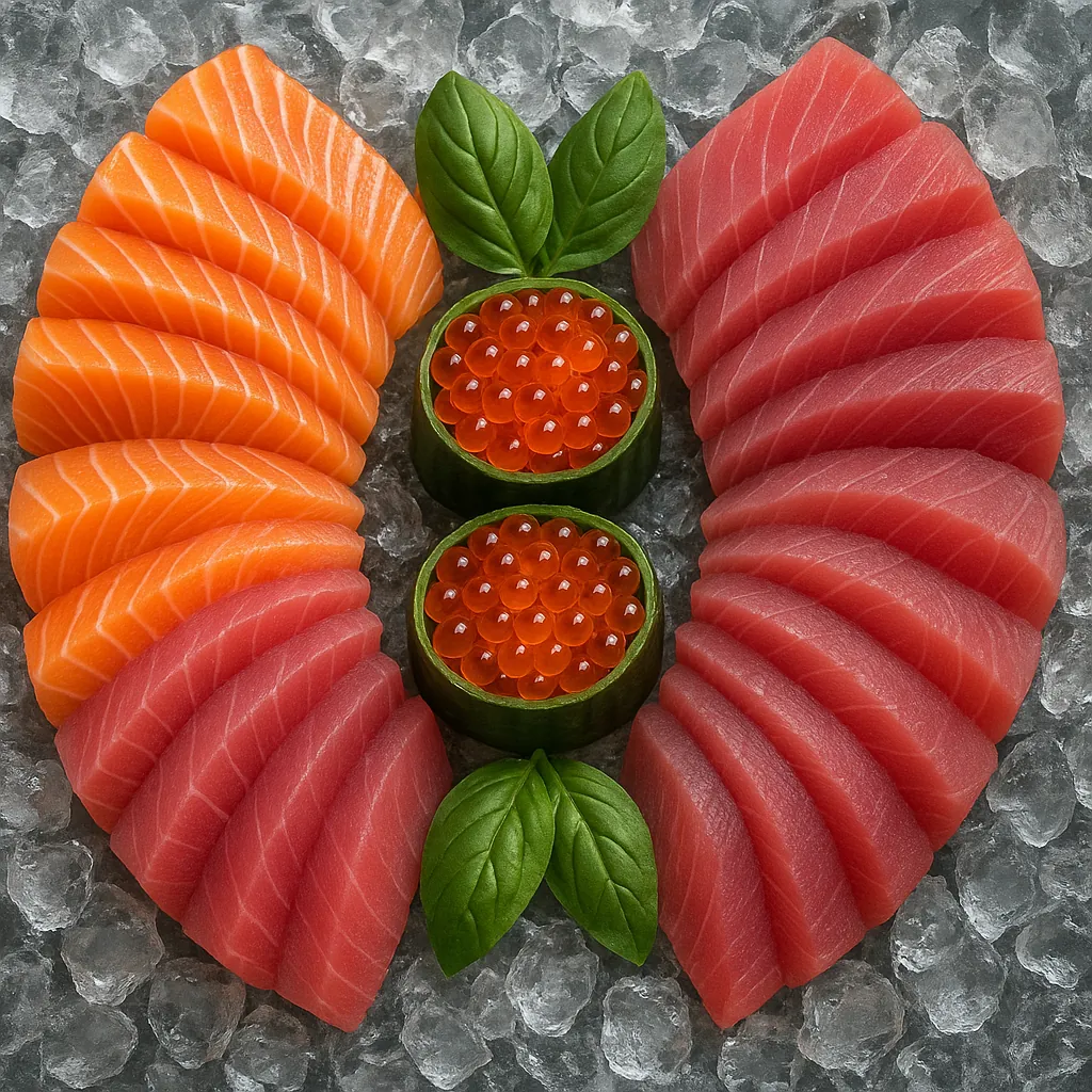 Discover a puzzle with a vibrant sushi platter arranged on crushed ice, featuring alternating slices of orange salmon and deep-pink tuna fanned in symmetrical a