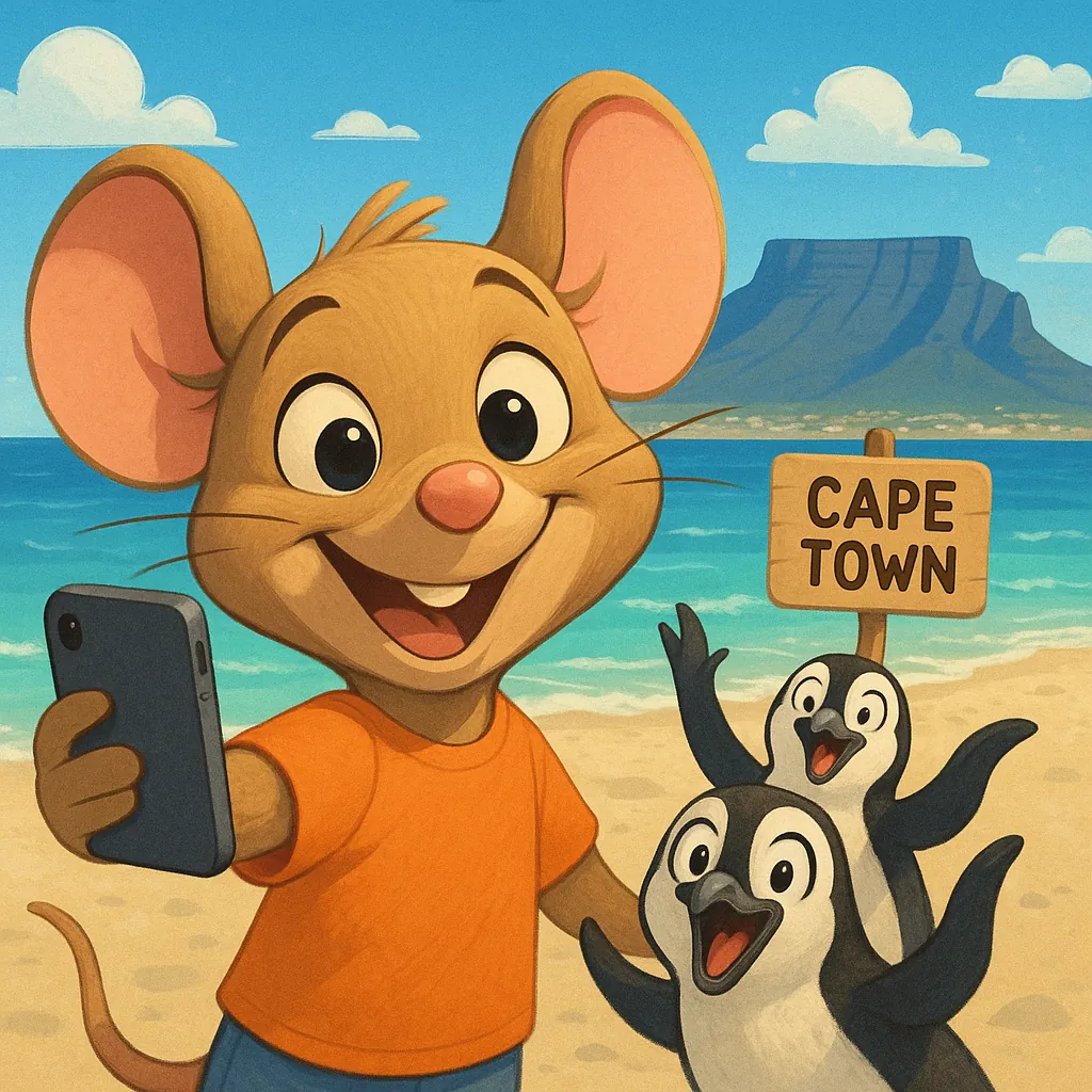 Discover a puzzle with a cheerful cartoon mouse taking a sunny beach selfie in Cape Town, joined by two excited penguins and a wooden sign that reads "Cape Town