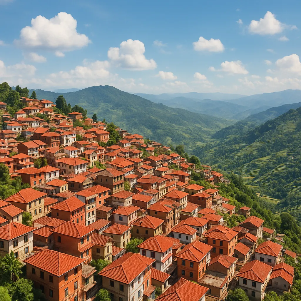 Discover a puzzle with a sunlit mountain village of terracotta rooftops cascading down a green hillside beneath a bright blue sky.