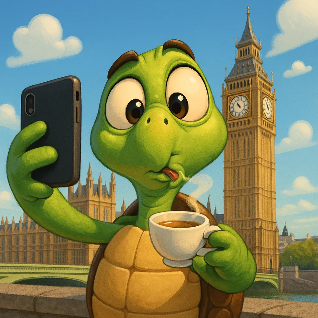 Try solving a puzzle that shows a charming cartoon turtle taking a selfie with a steaming cup of tea in front of London’s iconic Big Ben.