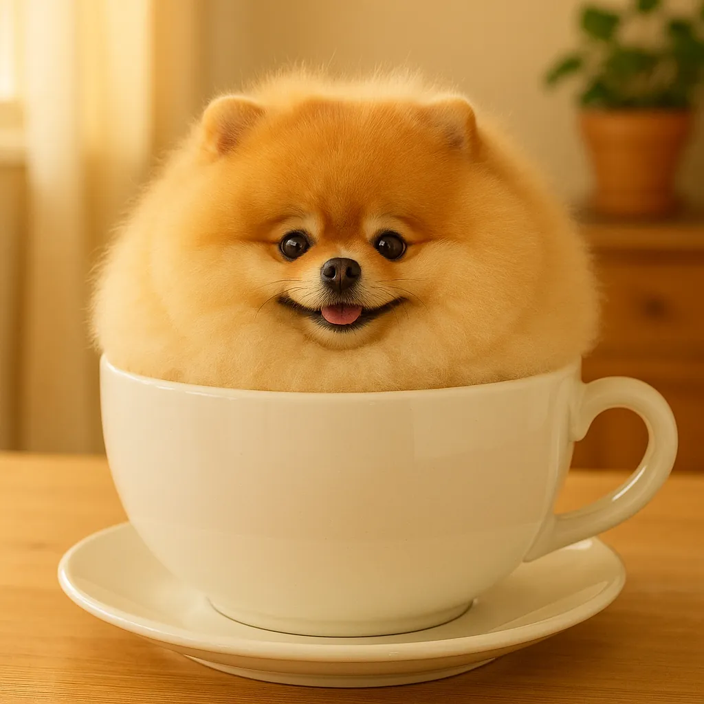 Discover a puzzle with an adorable fluffy Pomeranian cozily nestled inside a large white teacup, bathed in warm golden light.