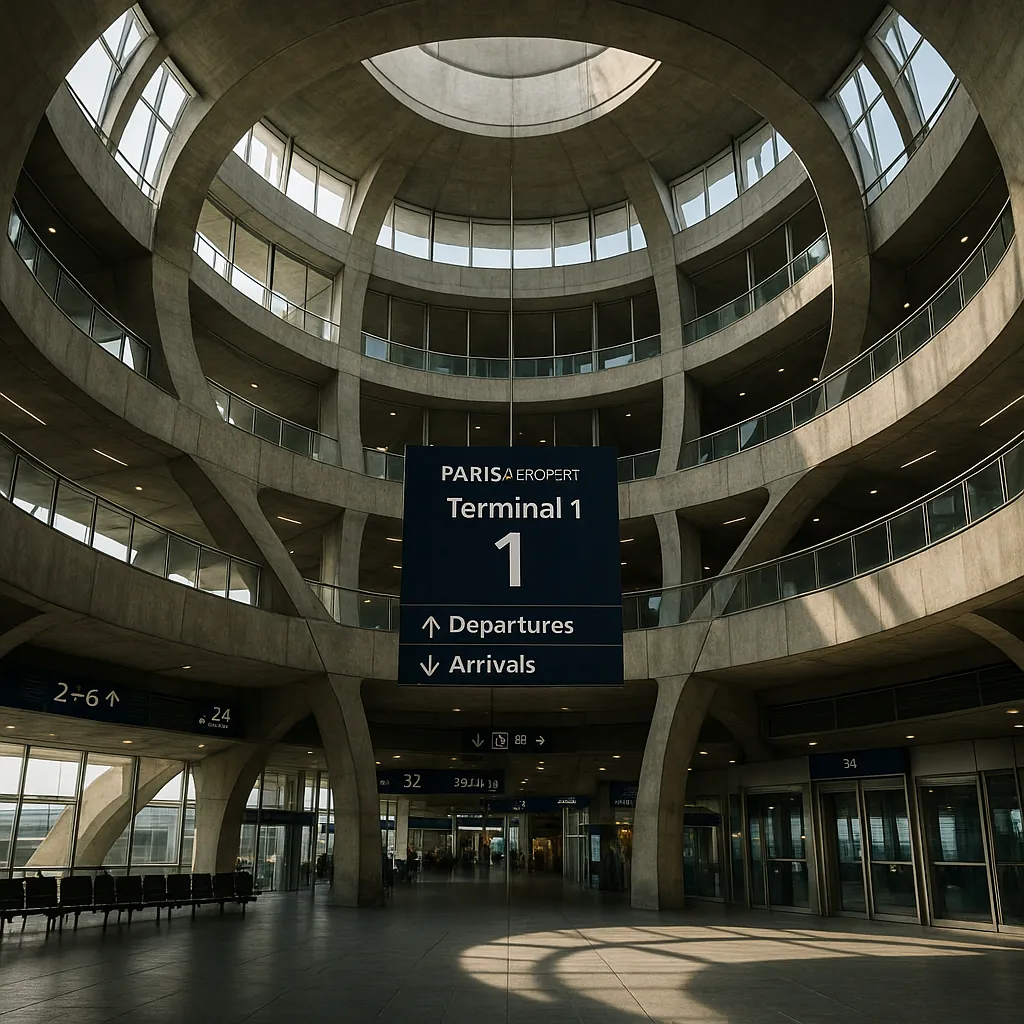 Discover a puzzle with a serene, modern airport interior: a circular concrete atrium bathed in soft natural light from a large skylight, concentric balconies, a