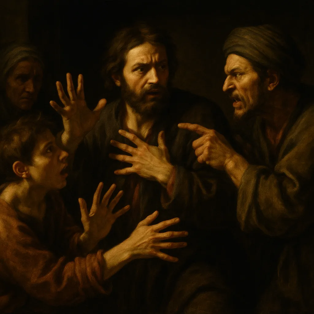 Discover a puzzle with a dramatic classical painting showing four expressive figures in a moment of tense confrontation — hands raised, fingers pointed, and fac