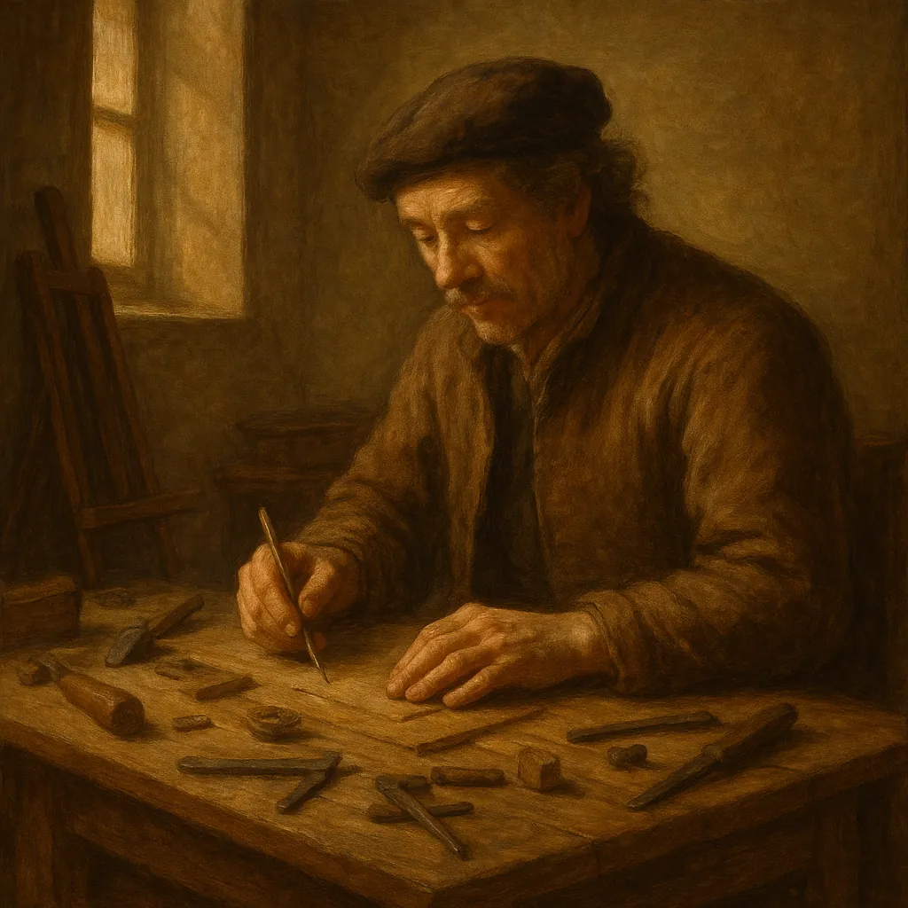 Discover a puzzle with a quiet scene of a vintage woodworker at his bench, gently carving by the warm, golden light from a small window.
